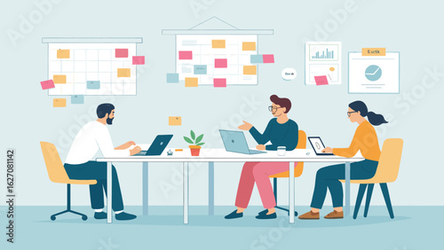 Diverse business team collaborating in an office meeting, utilizing technology for project planning, strategy, and discussion. Ideal for corporate productivity and teamwork concepts.
