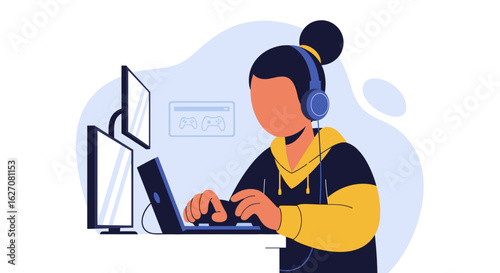 Person with headphones intensely engaged in online gaming or digital work on a laptop with multiple monitors. Represents modern tech lifestyle.