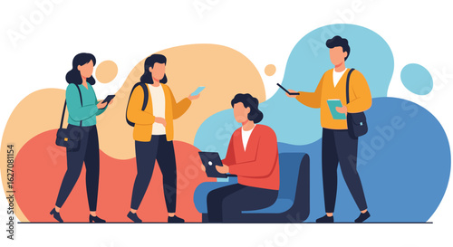 Young adults collaborating and interacting in a modern, dynamic environment, illustrating teamwork, digital communication, and contemporary lifestyle.