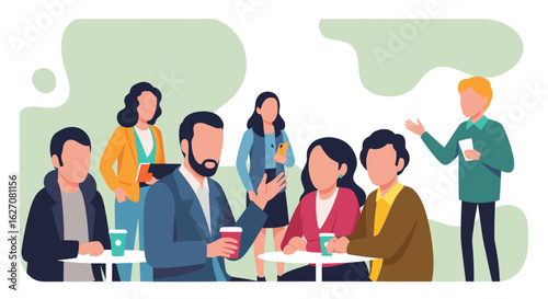 Diverse group of professionals collaborating and networking in a relaxed setting. Ideal for business meetings, social gatherings, or casual discussions.