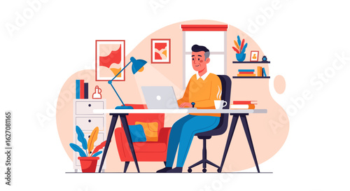 Man comfortably working remotely on laptop in a cozy home office setup. Ideal for illustrating flexible work, freelance, or online learning.