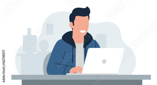 A cheerful man works happily on his laptop at a desk, ideal for concepts like remote work, online learning, or digital business.