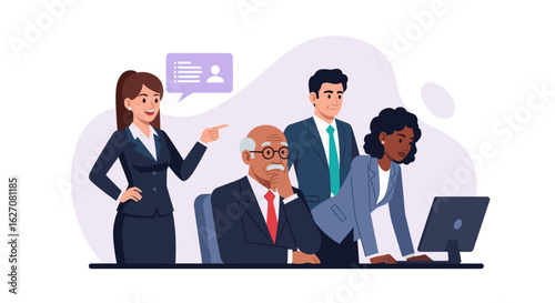 Diverse business team collaborating on a project, demonstrating effective communication and teamwork in a professional corporate environment. Ideal for themes of productivity and business solutions.