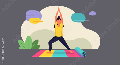 Woman practices yoga Warrior I pose on a colorful mat. Promotes wellness, balance, and a healthy lifestyle. Ideal for fitness and well-being content.