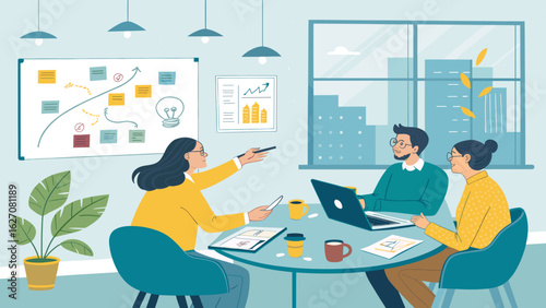 Professional team collaborating on a business strategy in a modern office. Brainstorming new ideas, discussing project plans, and fostering innovation during a productive meeting.