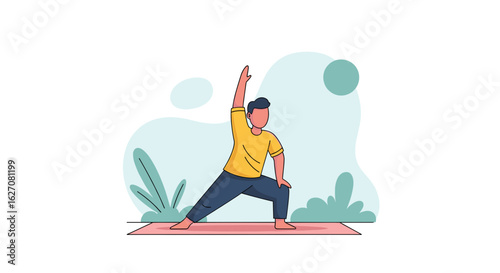 Man practicing yoga on a mat in a reverse warrior pose, symbolizing health, wellness, and a balanced, active lifestyle. Ideal for fitness and self-care concepts.