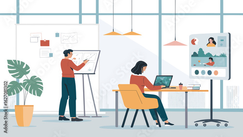 Professionals collaborating in a modern office, utilizing technology for presentations and remote meetings. Ideal for business, teamwork, and digital communication concepts.