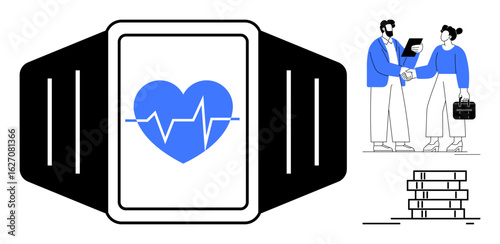 Smartwatch with heart rate icon, two professionals exchanging ideas, and a stack of books. Ideal for health, technology, collaboration, business, education wellness and modern lifestyle. Simple
