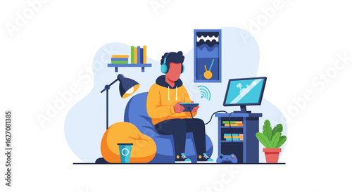 Young man in headphones enjoying leisure time, immersed in online gaming and digital entertainment at home. Modern lifestyle, technology, and relaxation concept.