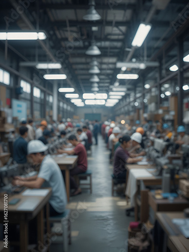 Blurred warehouse factory, illegal labour exploitation in sweatshop manufacturing concept