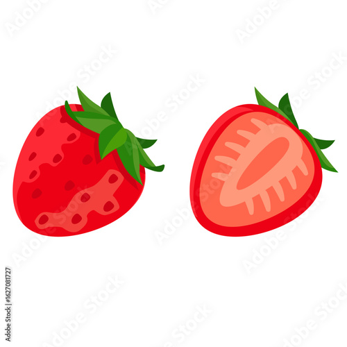 Whole and halved strawberries with leaves - flat vector illustration