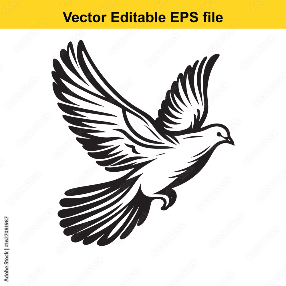 Obraz premium Vector art of stylized dove flying isolated on white background long horn, , long horn