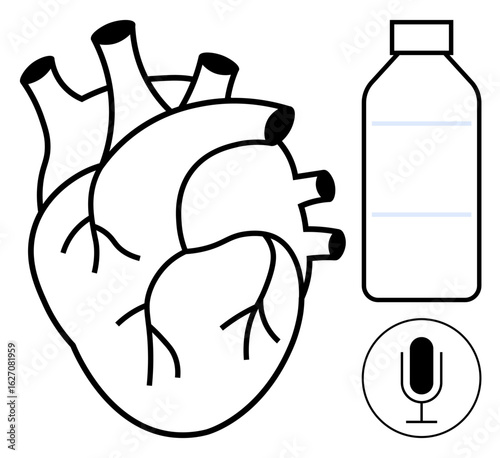 Detailed heart drawing beside bottle and microphone, symbolizing health, wellness, hydration, and communication. Ideal for healthcare, lifestyle, technology, education fitness awareness simple