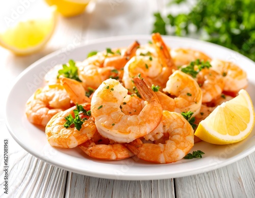 Cooked shrimp on a plate with lemon