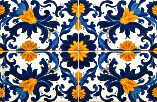 Vibrant floral pattern ceramic tiles featuring intricate designs in navy blue, yellow. Ethnic folk talavera style decoration with hand-made, traditional texture. Symmetrical abstract art with floral