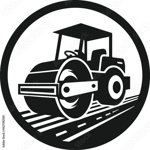 Black and White Vector Illustration of Road Roller Machine on Curved Asphalt Path for Construction, Roadwork, Paving, and Heavy Equipment Design Projects