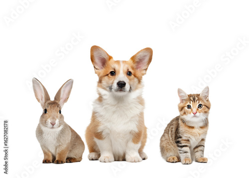 A cute fluffy rabbit a friendly corgi dog and a tabby cat posing together isolated on transparent background