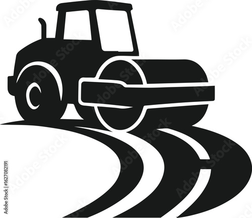 Road Roller Vector Illustration in Black and White Silhouette for Construction and Paving Design