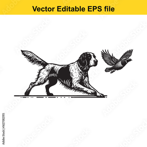 Vector art of hunting dog chasing a bird isolated on white background 