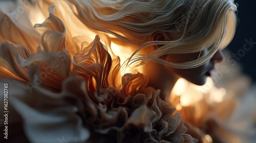 Ethereal portrait of a woman adorned with luminous flowing formations