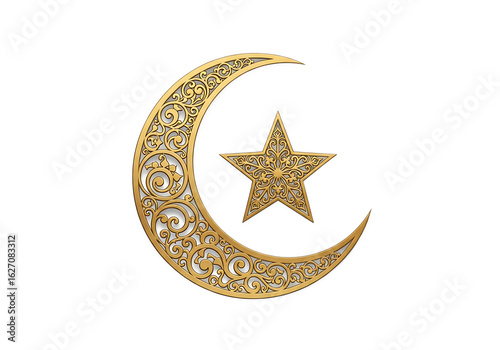 Ornate gold crescent moon and star against black isolated on a transparent background image