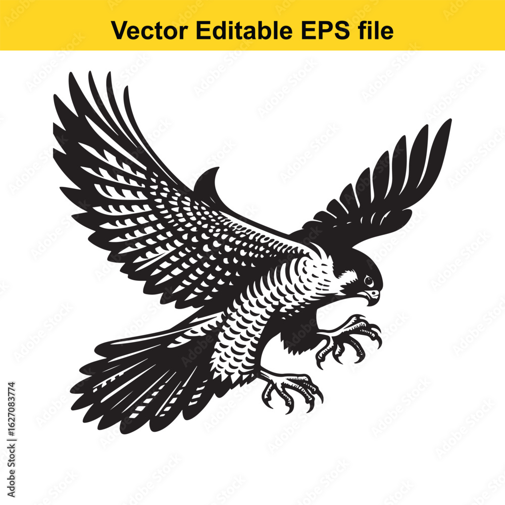 Vector art of black silhouette of a falcon in flight long horn, , long horn Vector art of black silhouette of a falcon in flight long horn, , long horn