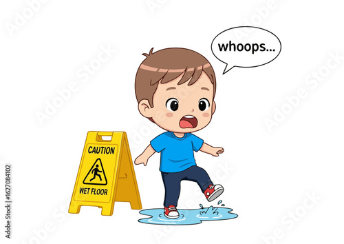 Cartoon Boy Slipping on Wet Floor Expressing Surprise with Whoops Speech Bubble.