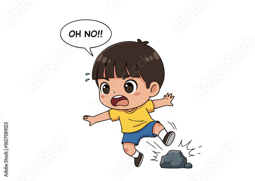 Cartoon Boy in Yellow Shirt Avoiding a Rock Exclaiming Oh No.
