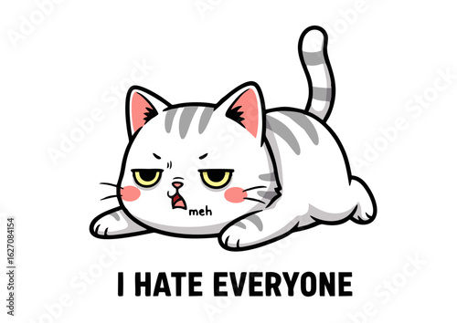 Grumpy Tabby Cat Illustration: A chubby grey-and-white tabby cat lies down with a displeased expression exhibiting yellow eyes and a meh expression.