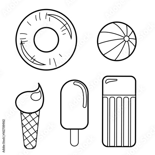 Summer vacation vector illustration set. Black outline tropical icons: ice cream, popsicle, rubber ring, inflatable matress, beach ball, travel symbols, elements clip art in flat style.