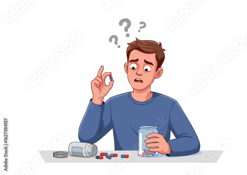 Confused Young Man Examining a Pill Questioning Medication Dosage.
