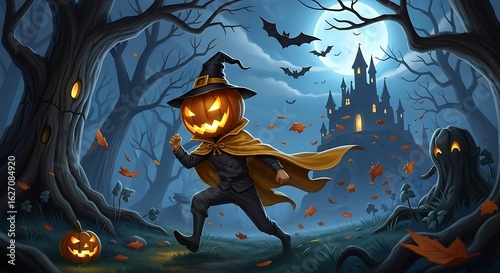 Scary pumpkin headed man in a witch costume running through a haunted forest at night