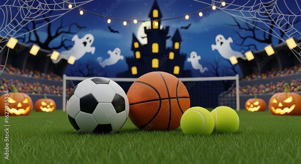 Fototapeta premium Halloween sports event with football, basketball, and tennis balls, pumpkins, and ghosts at a stadium