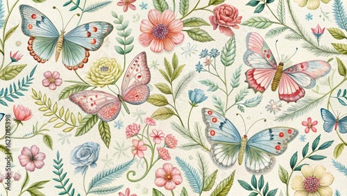 Wallpaper Mural Whimsical pastel floral embroidery seamless patterns with embroidered floral butterflies and lush greenery, embroidered details, botanical prints Torontodigital.ca