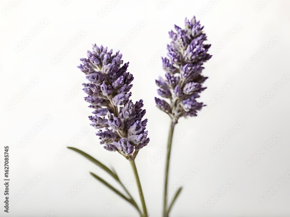 Fototapeta premium Two Lavender Sprigs Against a Clean White Backdrop in Soft Studio Lighting