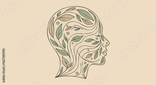 A tranquil human head in profile illustrated with flowing lines and leaves symbolizing inner growth and nature.