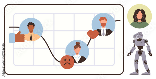 Graph with fluctuating line, icons of people, thumbs up, heart, sad face, and robot. Ideal for analytics, emotions, technology teamwork AI ethics business growth simple flat metaphor