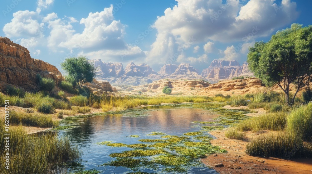 Fototapeta premium Desert oasis scene with a calm pond.