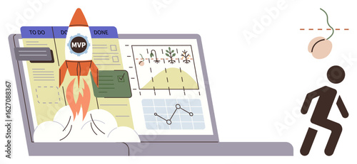 Rocket emerging from a laptop displaying task boards, analytics, and charts, symbolizing startup growth. Ideal for innovation, entrepreneurship, goal achievement, agile workflows, creativity