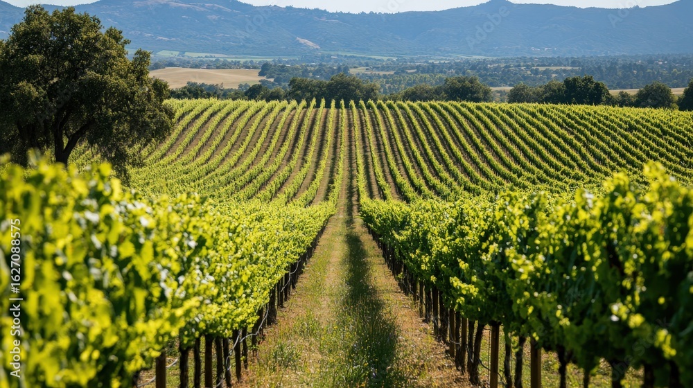 Naklejka premium Lush vineyard rows stretch across a hillside.