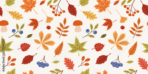 Seamless pattern with autumn leaves and berries.