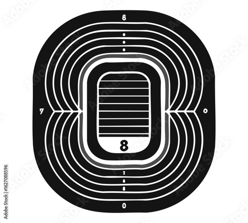 Black stadium seating plan with white lines and numbers aerial view