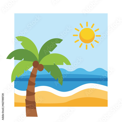 Vibrant vector illustration of a tropical landscape with palm trees, bright sunshine, sand, and sea. Ideal for depicting summer vacation, relaxation, or tropical beach concepts