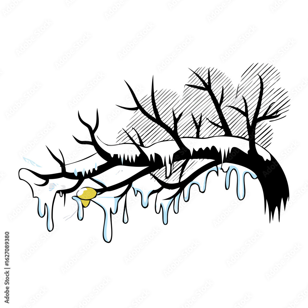 Obraz premium Snow-covered branch with icicles and a hint of yellow light 