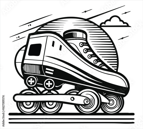 Stylized roller skate train with clouds and birds transportation black and white