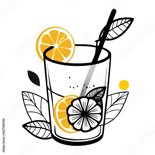 Glass of detox water with lemon slices and mint leaves illustration  