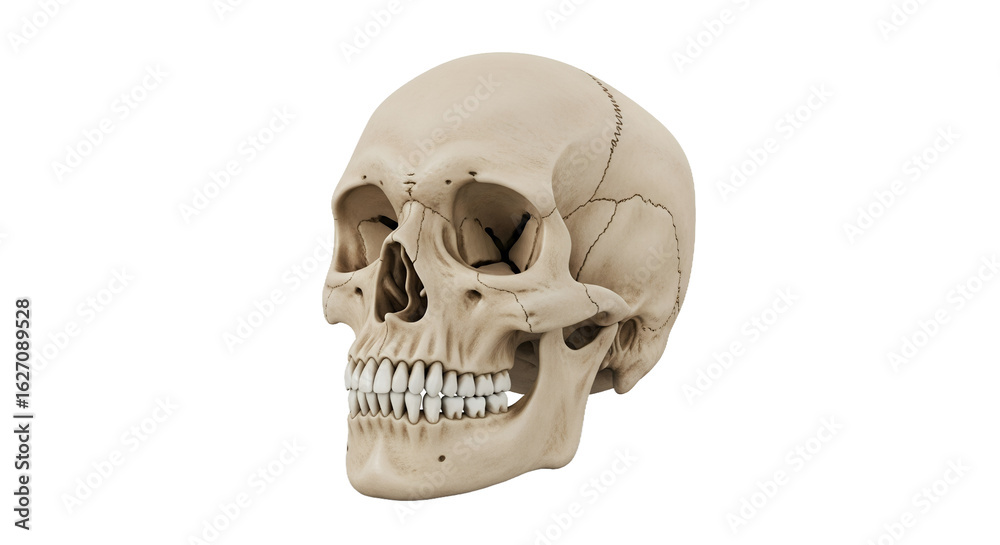 Naklejka premium Detailed Human Skull 3D Render Displaying Bone Texture and Structure on Transparent Background for Anatomical Study and Scientific Visualization