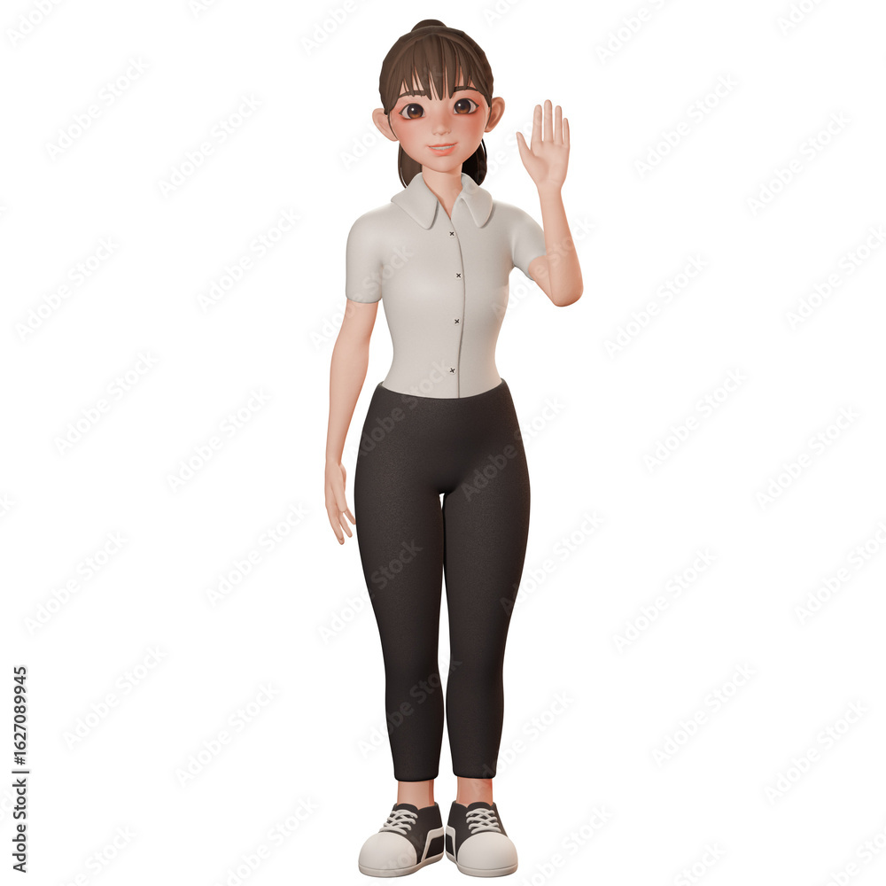 Fototapeta premium 3D Render of beautiful female cartoon teacher in black and white wears. Raise waving right hand, greeting or goodbye goodbye. advertising, presentations, UIUX design, promotional materials.