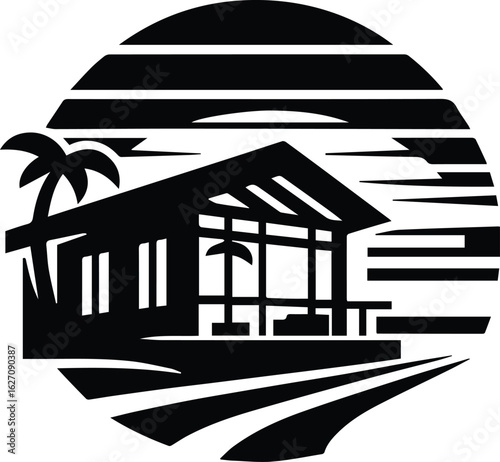Tropical Beachfront House Vector Illustration with Palm Trees, Curved Road, Fence, and Ocean View in Black and White Silhouette Style for Travel, Vacation, Real Estate, and Resort Design Concepts