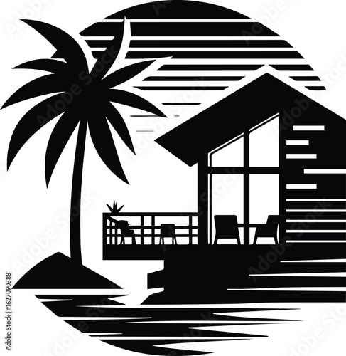 Tropical Beachfront House Vector Illustration with Palm Trees, Curved Road, Fence, and Ocean View in Black and White Silhouette Style for Travel, Vacation, Real Estate, and Resort Design Concepts
